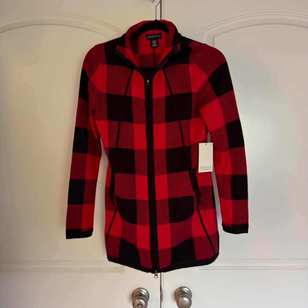 Adrienne Vittadini Red Black Buffalo Plaid Full Zip Cardigan Sweater XS NWT